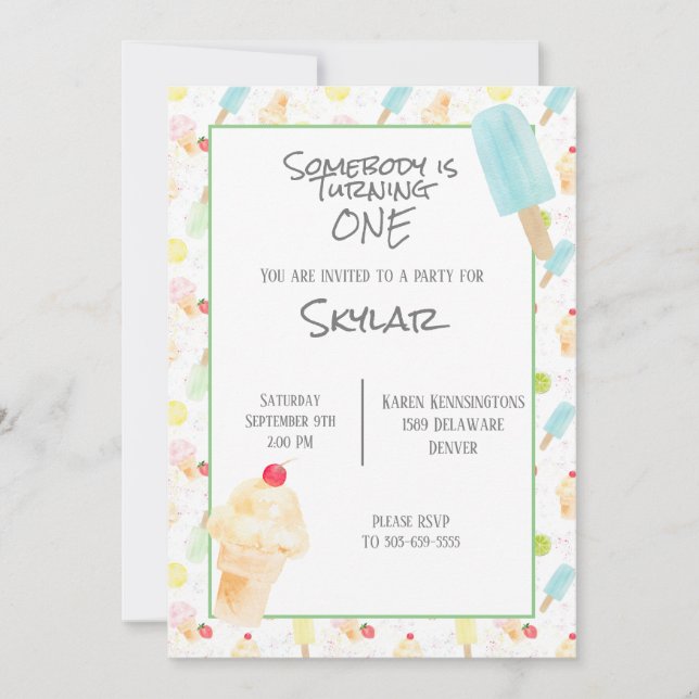 Inbjudan till första födelsedag Party Ice Cream (Framsida)
