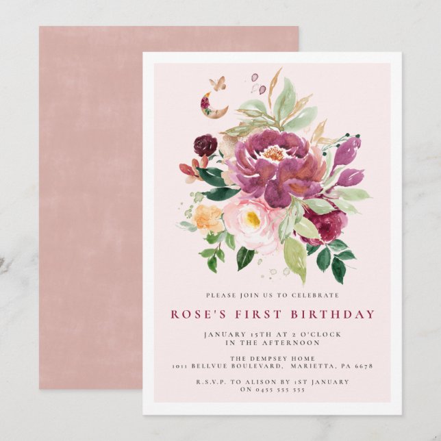 Inbjudan till första födelsedag | Saffron Bouquet  (Fram/baksida)