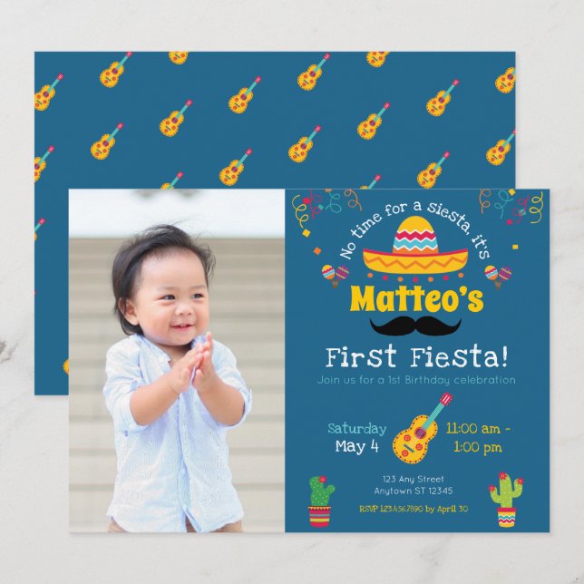 Inbjudan till första födelsedagen i Fiesta Mexikan (Fram/baksida)