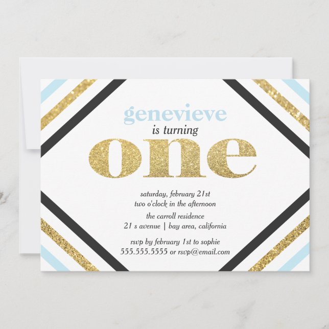 Inbjudan till första födelsedagen i Guld Glitter (Framsida)