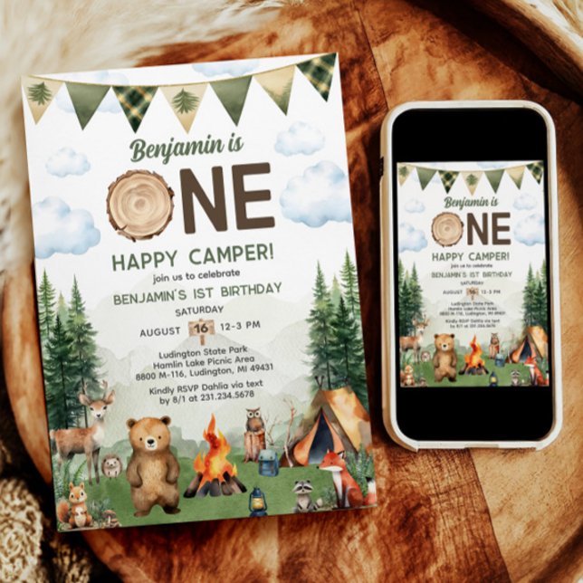 Inbjudan till första födelsedagen i Lycklig (One Happy Camper First Birthday Invitation
)