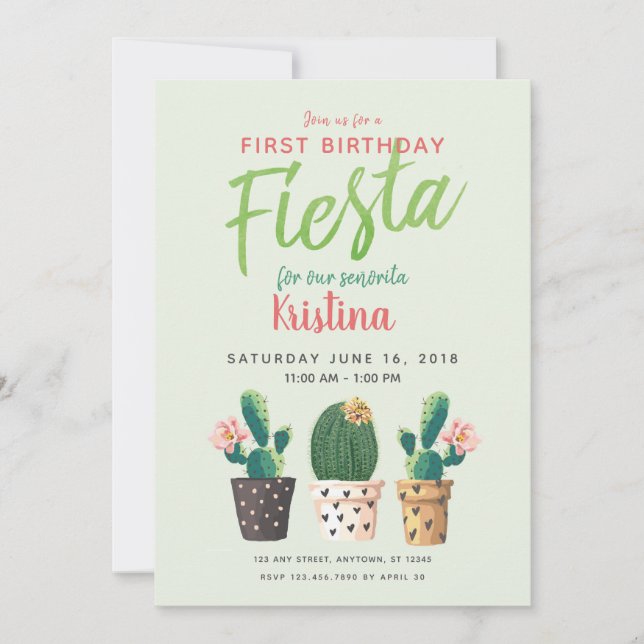 Inbjudan till första födelsedagsaktus för Fiesta (Framsida)