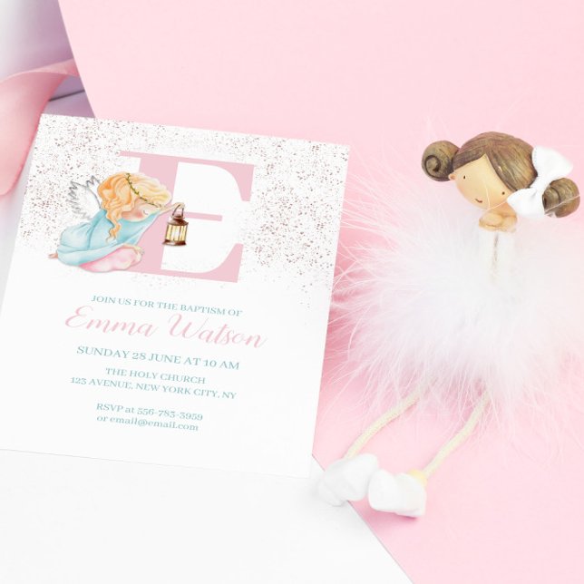 Inbjudan till första invigningen av Ro Baptism-Ang (Girl Baptism Rose Gold Angel Initial Invitation)