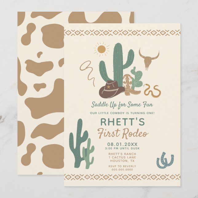 Inbjudan till första rodeo-födelsedag (Fram/baksida)