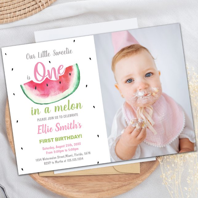 Inbjudan till första vattenmelonfödelsedag med fot (1st Watermelon Birthday Invitations w photo)