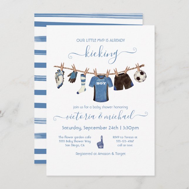 Inbjudan till fotbollsclothesline Baby Shower (Fram/baksida)