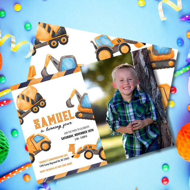 Inbjudan till foto Construction Lastbil födelsedag (Editable watercolor construction truck invitation with photo. Personalize for a fun birthday)