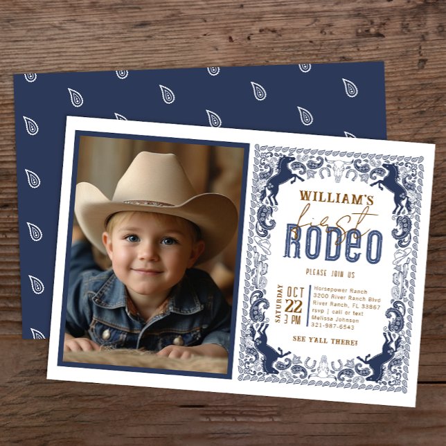 Inbjudan till foto för första rodeo-flottan - West (Navy Blue Birthday Invite)