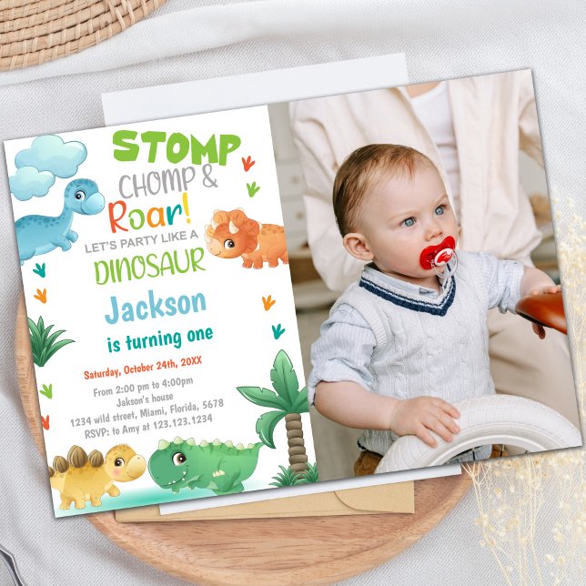 Inbjudan till foto-Grönt Dinosaur Birthday (Photo Green Dinosaur Birthday Invitations)