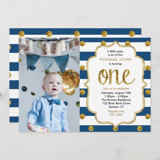 Inbjudan till foto i första födelsedag, Guld Glitt (Fram/baksida)