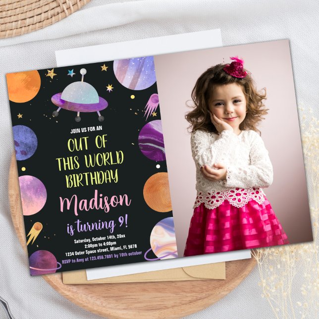 Inbjudan till foto Lila Rymden födelsedag (Photo Purple Outer Space Birthday Invitations)