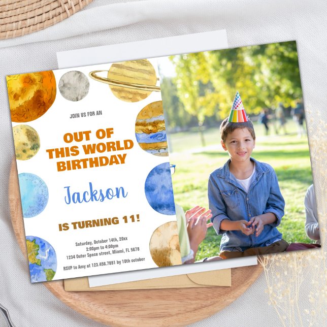 Inbjudan till foto Orange Rymden på födelsedagen (Photo Orange Outer Space Birthday Invitations)