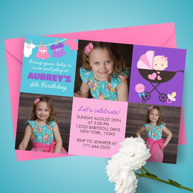 Inbjudan till foto på födelsedagen i baby doll 3-f (Baby Doll Birthday 3 Picture Party Invitations. Available printed or digital download )