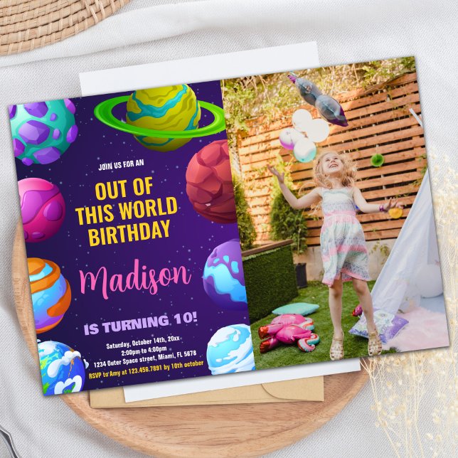 Inbjudan till foto Rosa Gult Rymden födelsedag (Photo Pink Yellow Outer Space Birthday Invitations)