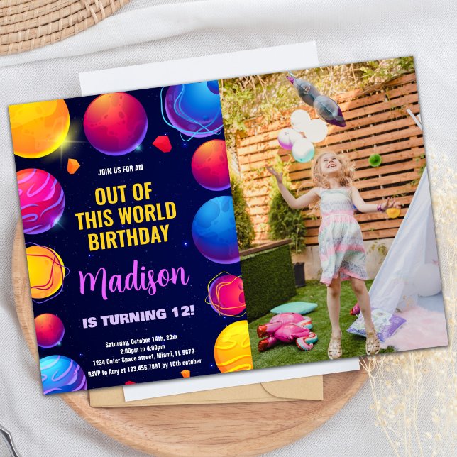 Inbjudan till foto Rosa Lila Rymden födelsedag (Photo Pink Purple Outer Space Birthday Invitations)