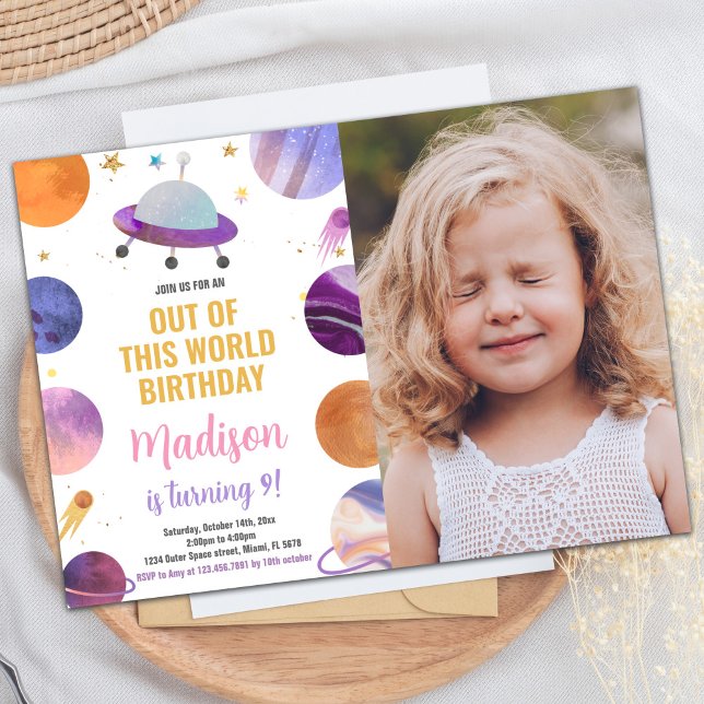 Inbjudan till foto Rosa Rymden födelsedag (Photo Pink Outer Space Birthday Invitations)