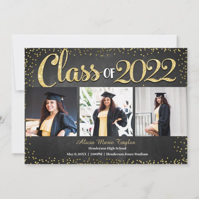Inbjudan till foto-Studenten i Black och Guld Glit (Framsida)