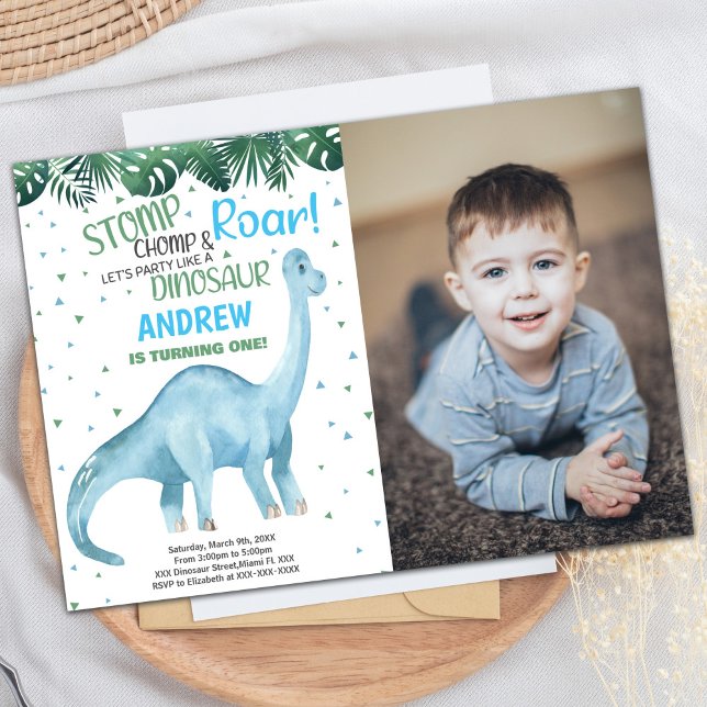Inbjudan till fotoblå Grönt Dinosauaur-födelsedag (Photo Blue Green Dinosaur Birthday Invitations)