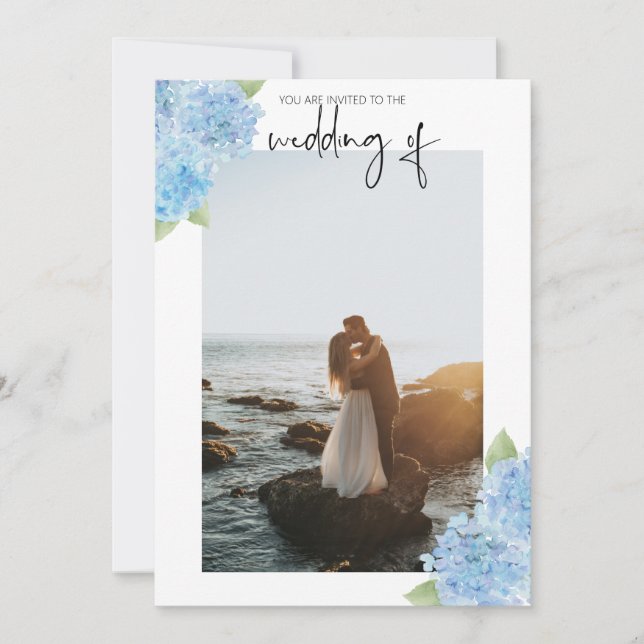 Inbjudan till fotobröllop - Blue Hydrangeas (Framsida)