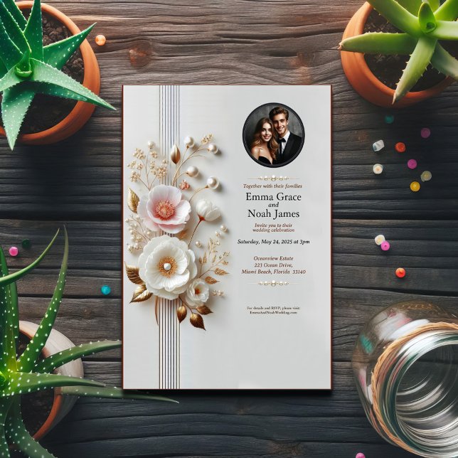 Inbjudan till fotobröllop för elegant White Blommi (Skapare uppladdad)