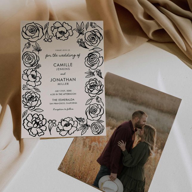 Inbjudan till fotobröllop i elegant Hand plockade  (Whimsical Hand Drawn Wedding Invitation)