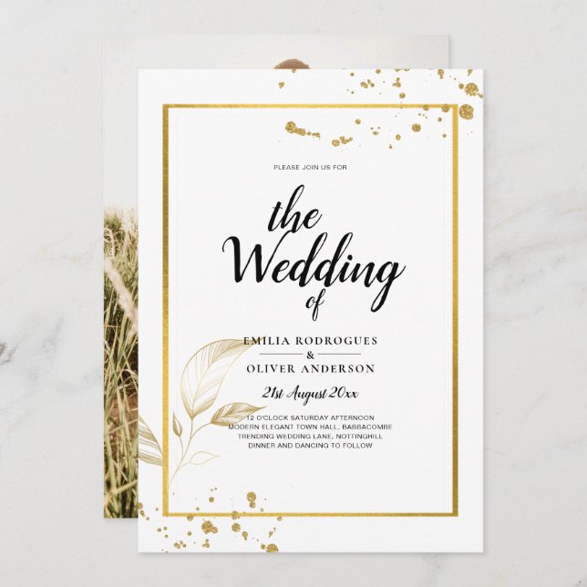 Inbjudan till fotobröllop i elegant White & Guld (Fram/baksida)