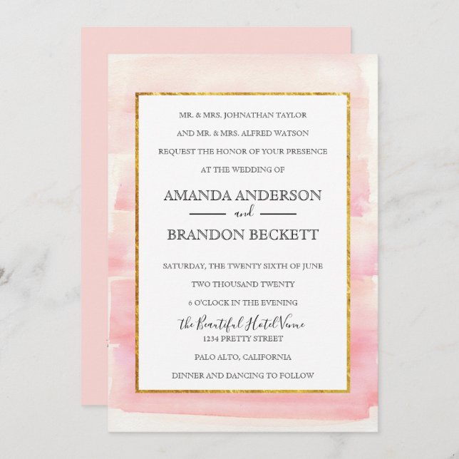 Inbjudan till fotobröllop i Guld på vattenfärgen R (Fram/baksida)