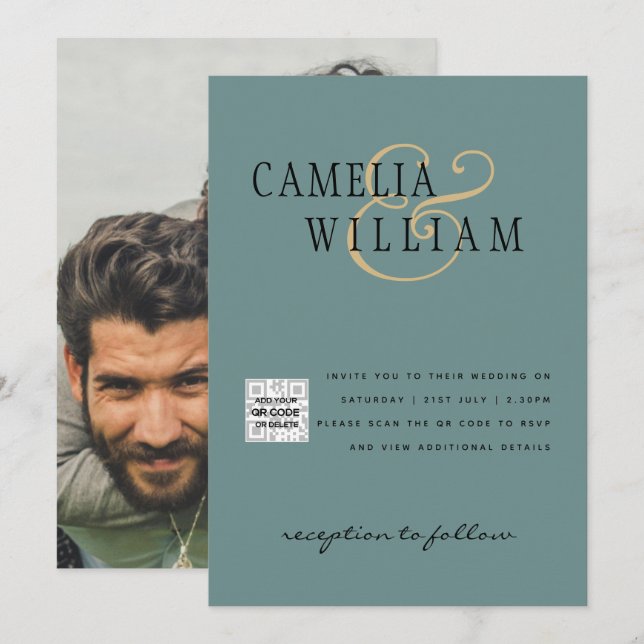 Inbjudan till fotobröllop i sjöglas QR-kod - Spara (Fram/baksida)