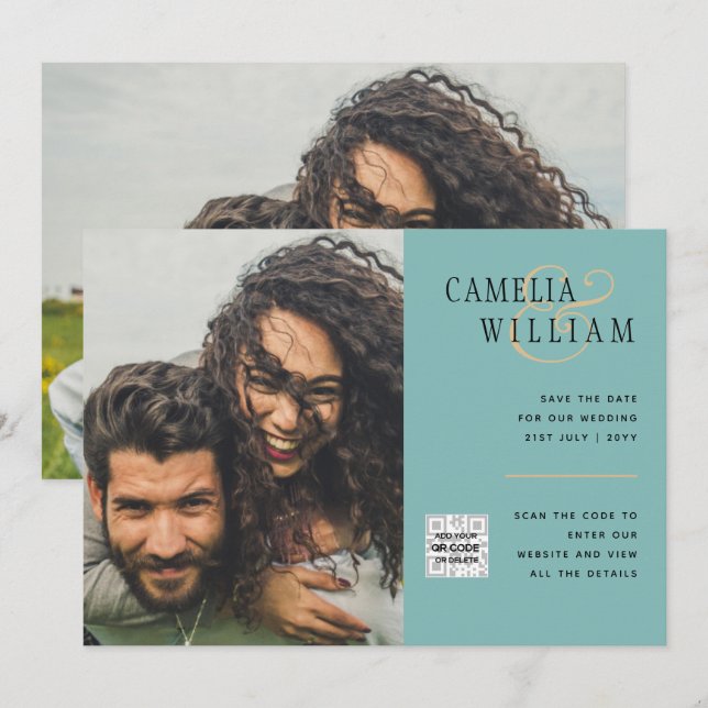 Inbjudan till fotobröllop i sjöglas QR-kod - Spara (Fram/baksida)