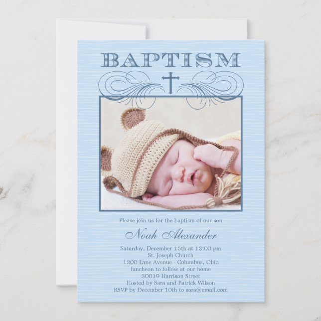 Inbjudan till fotodobaptism i chic - blått (Framsida)