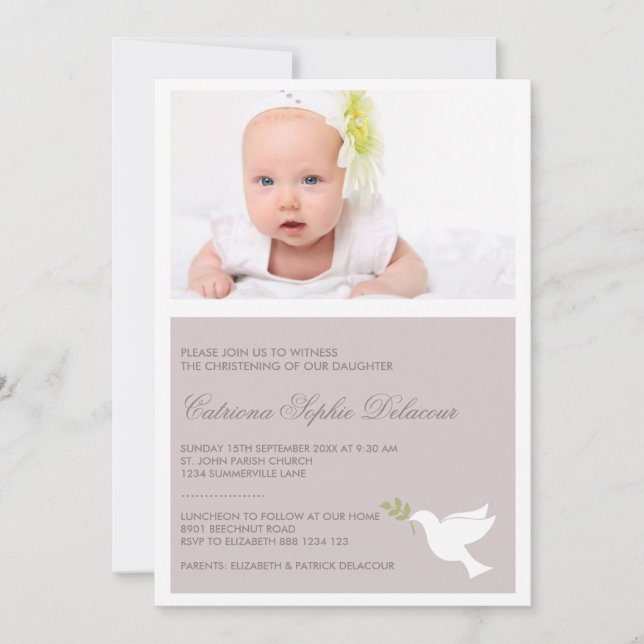 Inbjudan till fotodobaptism med vit duva och olive (Framsida)