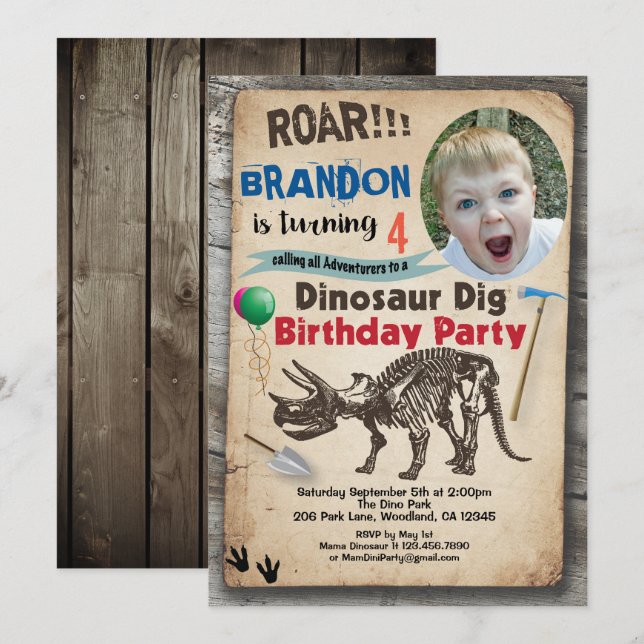 Inbjudan till fotografi på Dinosauer-födelsedagen  (Fram/baksida)