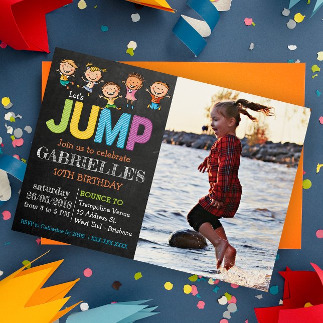 Inbjudan till fotogrampolinparti (Jump into fun with our trampoline party! Bounce, laugh, and celebrate in the air!)