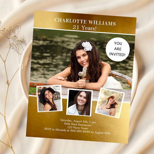 Inbjudan till fotokollage för guld på födelsedagsk (Skapare uppladdad)