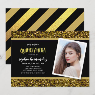 Inbjudan till fotoquinceanera för guld Glitter