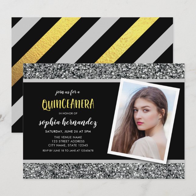 Inbjudan till fotoquinceanera för silver Glitter (Fram/baksida)
