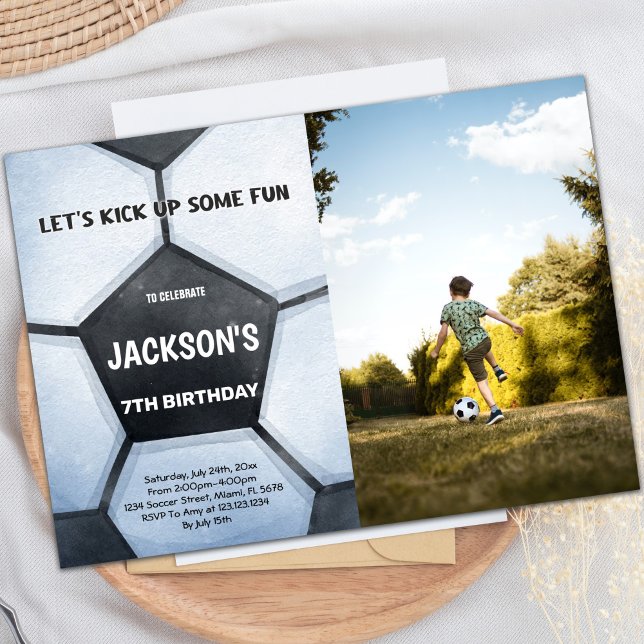 Inbjudan till fotoutställning på födelsedagen (Full Soccer Birthday Invitations with photo)