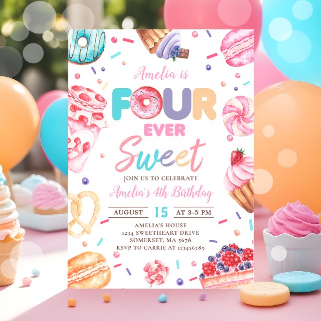 Inbjudan till Fourever Sweet Donut Candy 4e födels (Skapare uppladdad)