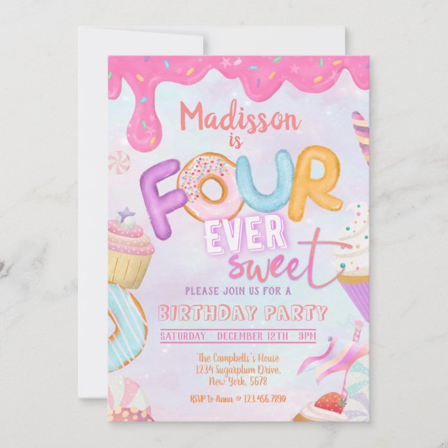 Inbjudan till Fourever Sweet Girl 4e födelsedagen (Framsida)