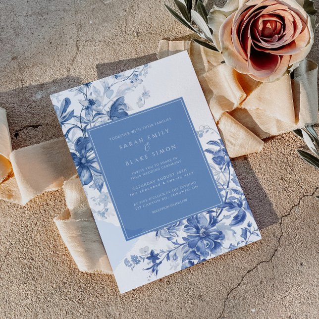 Inbjudan till fransk Blue Toile Blommigt Foil Wedd (Skapare uppladdad)