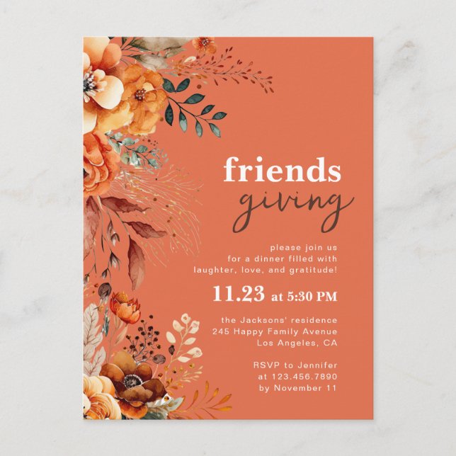 Inbjudan till Friendsgiving-middag höstblommor (Framsida)