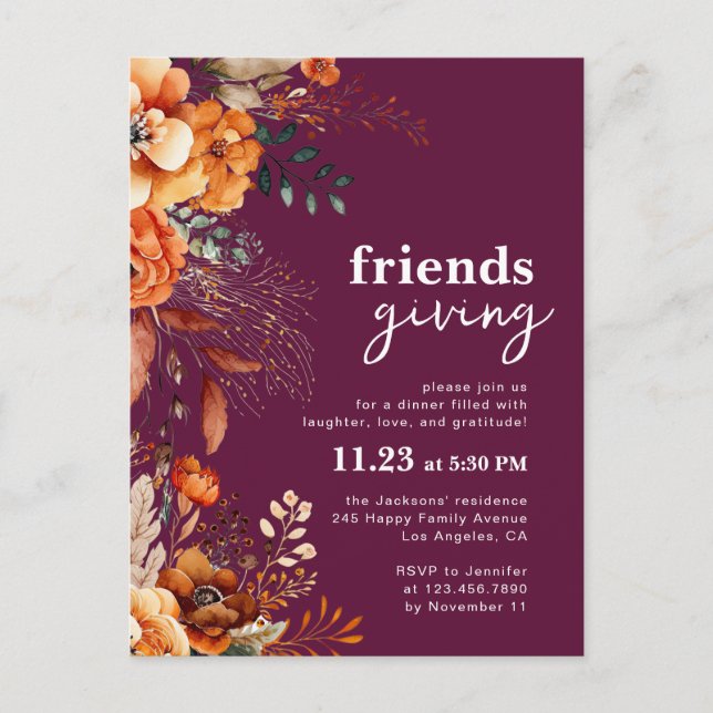 Inbjudan till Friendsgiving-middag höstblommor (Framsida)
