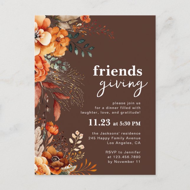 Inbjudan till Friendsgiving-middag höstblommor (Framsida)