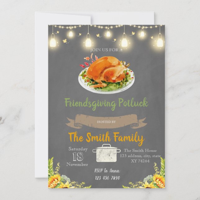Inbjudan till Friendsgiving potluck-fest (Framsida)