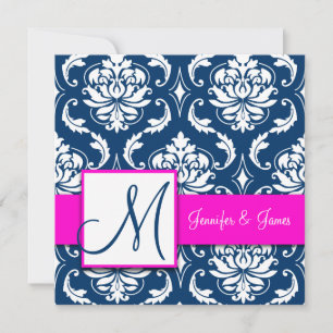 Inbjudan till Fuchsia Navy Blue Damask Monogram