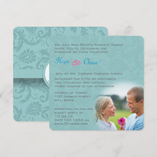 Inbjudan till funky Damask Aqua Blue Rosa Wedding
