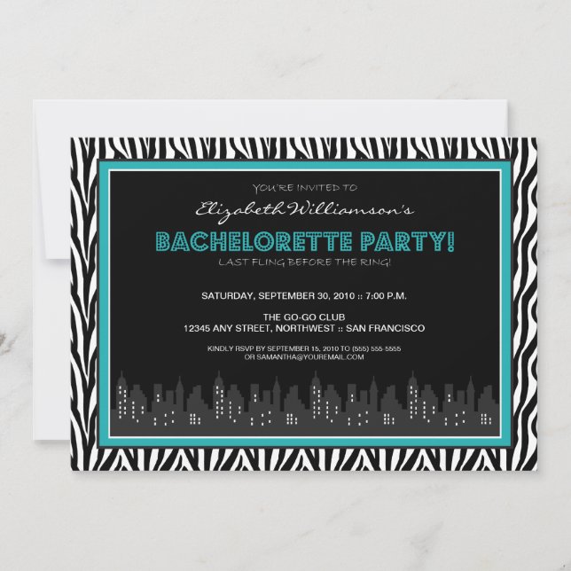 Inbjudan till Funky Zebra Bachelorette Party (aqua (Framsida)