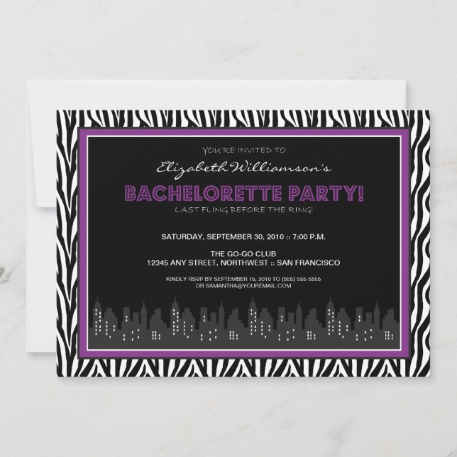 Inbjudan till Funky Zebra Bachelorette Party (lila (Framsida)