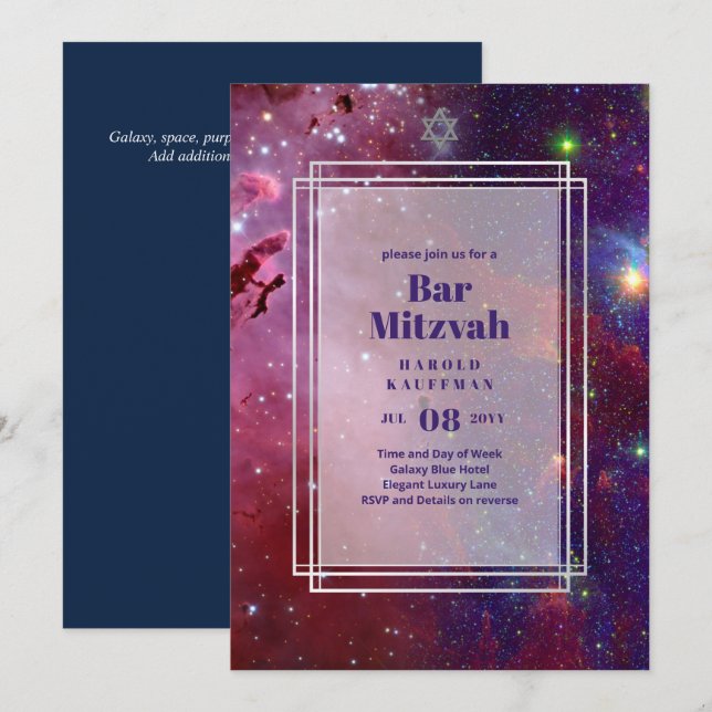 Inbjudan till GALAXY Boys PUB MITVAH Space Himlar (Fram/baksida)