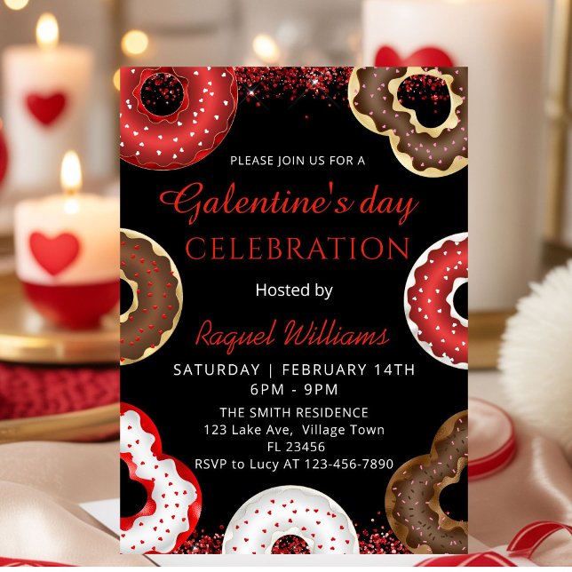 Inbjudan till Galentine's Day-fest med donuts (Red Glitter Galentine's Day Brunch Donuts Invitation)